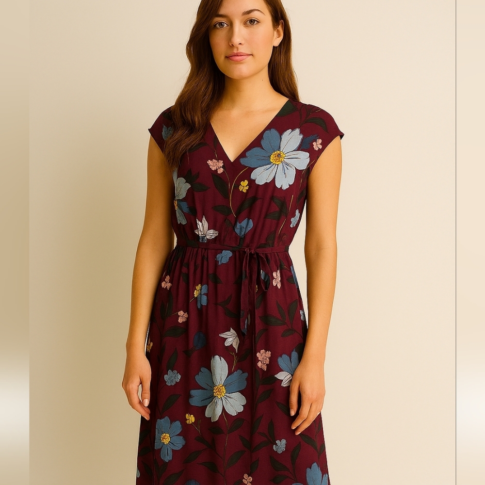 Loft purple floral tie dress size Small Modest Summer